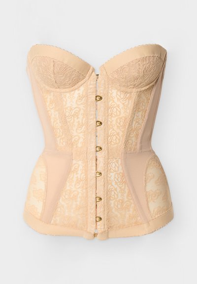 Μπεζ κορσές από δαντέλα με δομημένα cups, μπροστινά κούμπωμα με αγκράφες και διάφανα πάνελ με λουλουδένιο σχέδιο που αναδεικνύουν τη σιλουέτα και σχηματίζουν τη μέση.
