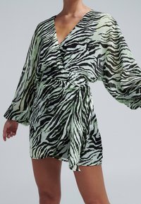 Läpinäkyvä mekko kietaisumallilla, jossa on vihreä-musta seepra-kuosi. Pitkät hihat ja solmittava yksityiskohta vyötäröllä.