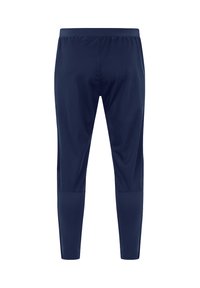 Navy-farbene Sporthose aus leichtem Stoff; mit tailliertem Design, elastischem Bund und glatter Textur ohne sichtbare Muster.