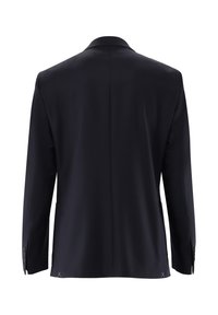 Marineblauer Anzugsakko mit maßgeschneiderter Passform, glatter Textur, gekerbten Revers, langen Ärmeln und drei Knöpfen an jedem Ärmelabschluss. Mit einem geschlitzten Rücken ausgestattet.