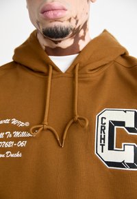 Sudadera de algodón marrón con bolsillo frontal, cordones ajustables y detalle de logo bordado. Textura suave y corte relajado.