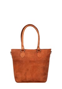 Borsa tote in pelle marrone con forma strutturata, due manici arrotondati e cuciture in contrasto. Presenta piccoli dettagli di metallo.