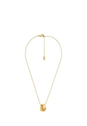 Zarte goldene Halskette mit einem Anhänger aus zwei ineinandergreifenden Ringen, bei dem ein Ring kleine klare Steine besitzt, und einem Karabinerverschluss mit Verlängerung.