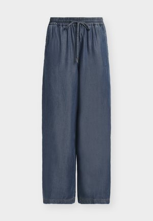 Loszittende marineblauwe broek met elastische tailleband en trekkoord, gemaakt van lichtgewicht stof.