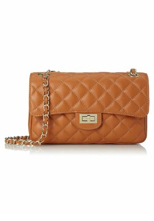 Brown quilted leather handbag with gold chain strap and rectangular gold twist-lock clasp on front flap.