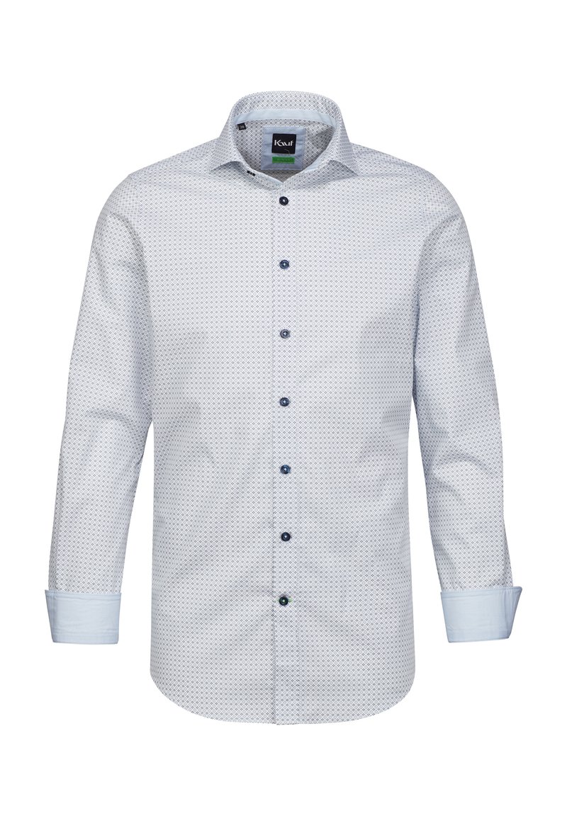Camicia azzurro chiaro con un motivo geometrico, bottoni scuri a contrasto e polsini azzurro chiaro unito. Presenta un colletto classico.