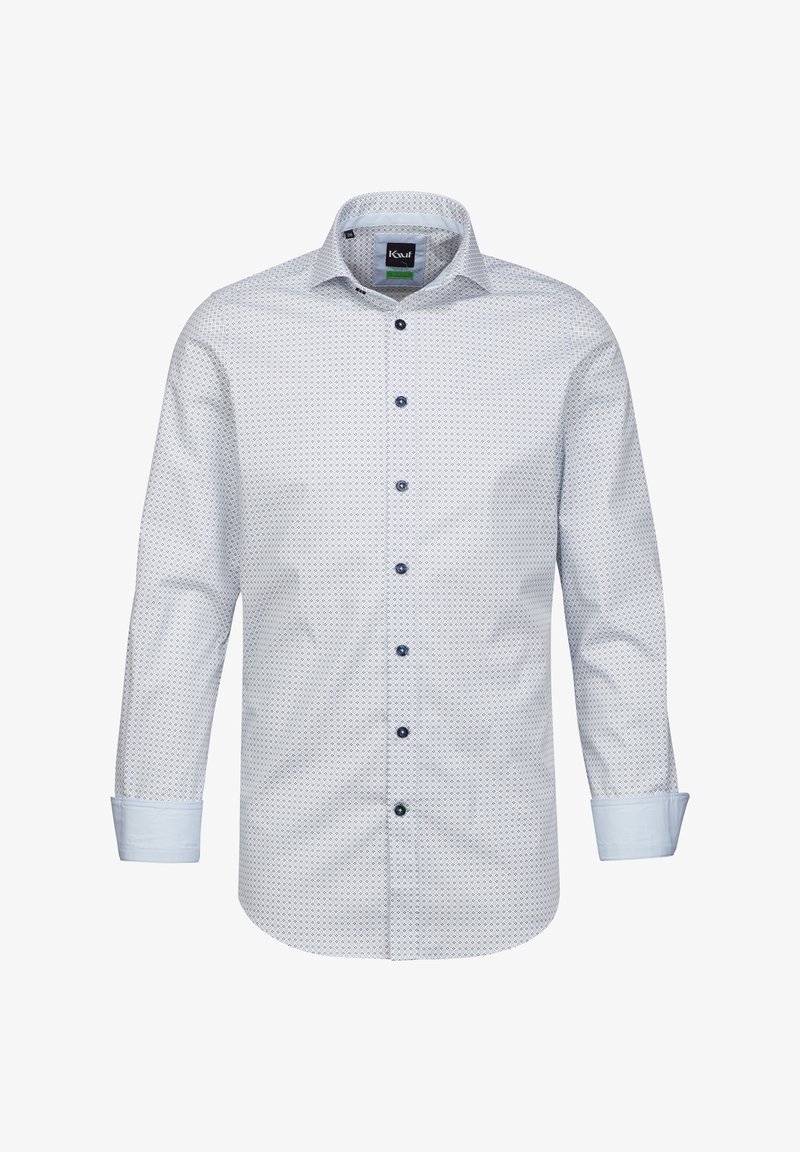 Camicia azzurro chiaro con un motivo geometrico, bottoni scuri a contrasto e polsini azzurro chiaro unito. Presenta un colletto classico.