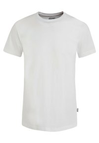 Hvid kortærmet t-shirt med rund hals, lavet af bomuld, med et enkelt design og et lille logo mærkat på siden.