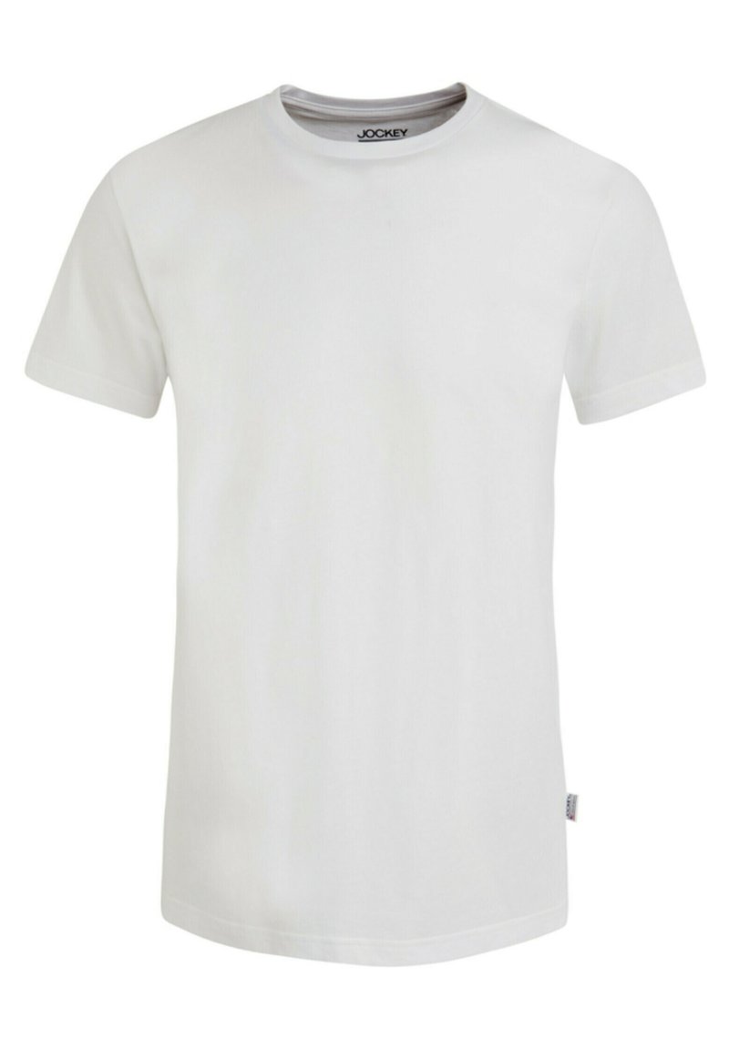 Hvid kortærmet t-shirt med rund hals, lavet af bomuld, med et enkelt design og et lille logo mærkat på siden.