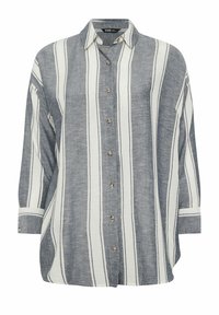 Camisa de botones a rayas con un esquema de colores en gris y blanco, mangas largas, cuello y dobladillo redondeado. Fabricada en un material ligero.