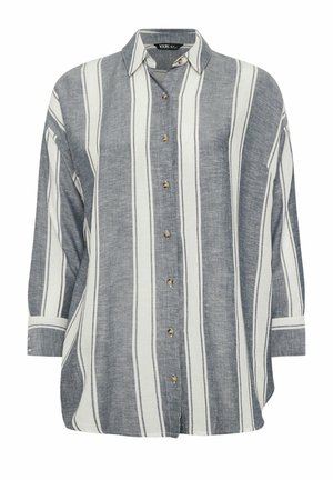 Striped button-up shirt featuring a gray and white color scheme, long sleeves, a collar, and rounded hemline. Made from lightweight fabric.
