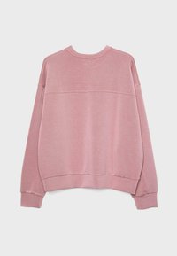 Felpa a maniche lunghe color rosa polveroso con collo a giro e polsini e orlo ribattuti, vista da dietro su uno sfondo chiaro e semplice.
