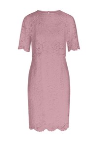Spitzenkleid in zartem Rosa mit Rundhalsausschnitt, kurzen Ärmeln, gewelltem Saum und Schlüssellochausschnitt mit Knopfverschluss.