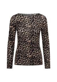 Top a maniche lunghe con stampa leopardata in nero e beige. Tessuto morbido e leggero con un silhouette aderente e scollo rotondo.