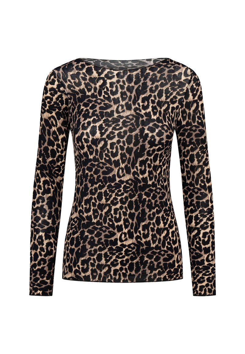 Top a maniche lunghe con stampa leopardata in nero e beige. Tessuto morbido e leggero con un silhouette aderente e scollo rotondo.