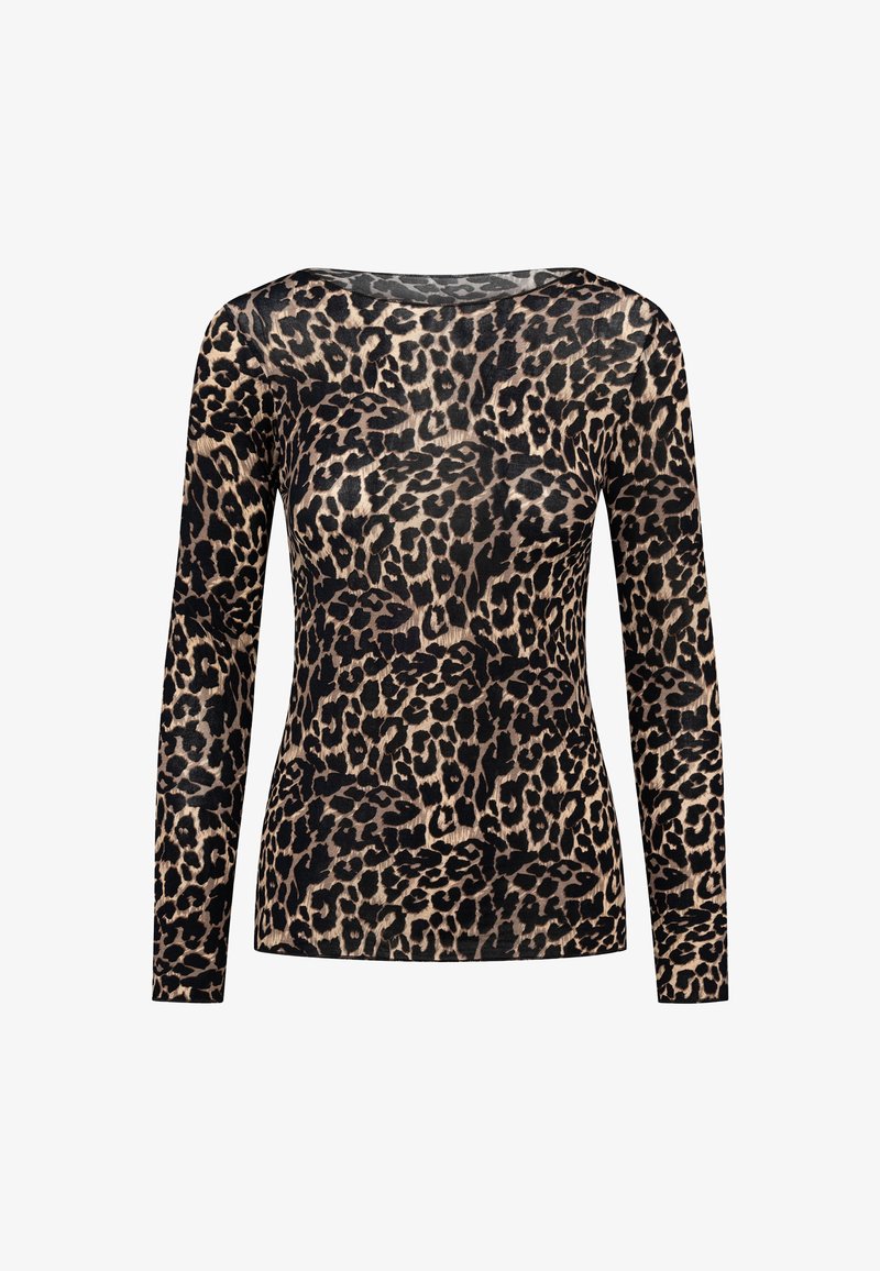 Top a maniche lunghe con stampa leopardata in nero e beige. Tessuto morbido e leggero con un silhouette aderente e scollo rotondo.