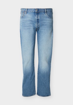 Light blue straight-leg denim jeans with front button, zipper closure, and five-pocket design on white background.