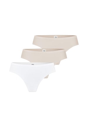 Trzy bezszwowe damskie majtki bikini w kolorze beżowym i białym, ułożone w stos i pokazane z przodu na białym tle.