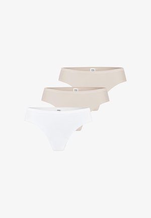 Trois culottes sans couture style bikini pour femme en beige et blanc, empilées et présentées de face sur un fond blanc.