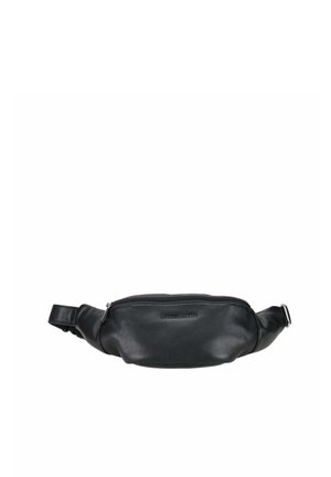 Sac banane en cuir noir avec fermeture éclair et sangle ajustable, conçu pour transporter de petits objets personnels les mains libres.
