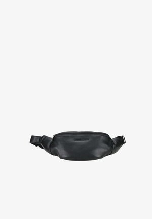 Sac banane en cuir noir avec fermeture éclair et sangle ajustable, conçu pour transporter de petits objets personnels les mains libres.