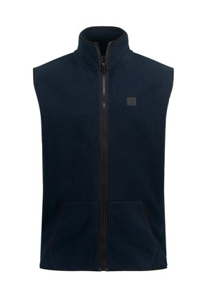 Chaleco de forro polar navy con cuello alto, cremallera frontal completa y bolsillos laterales. Tejido texturizado y acentos en negro contrastante en la cremallera y los bordes.
