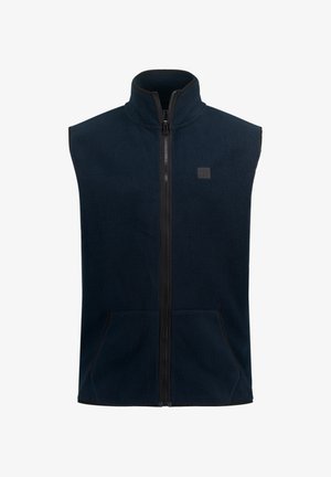 Navy-Fleeceweste mit hohem Kragen, vollem Frontreißverschluss und Seitentaschen. Strukturiertes Material und kontrastierende schwarze Akzente am Reißverschluss und den Kanten.