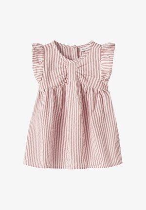Robe pour tout-petit à rayures verticales roses et blanches, avec manches courtes à volants et taille froncée, en tissu léger.