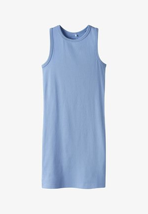 Robe sans manches bleu clair côtelée, avec un col rond et une coupe simple et droite, adaptée pour un usage décontracté.