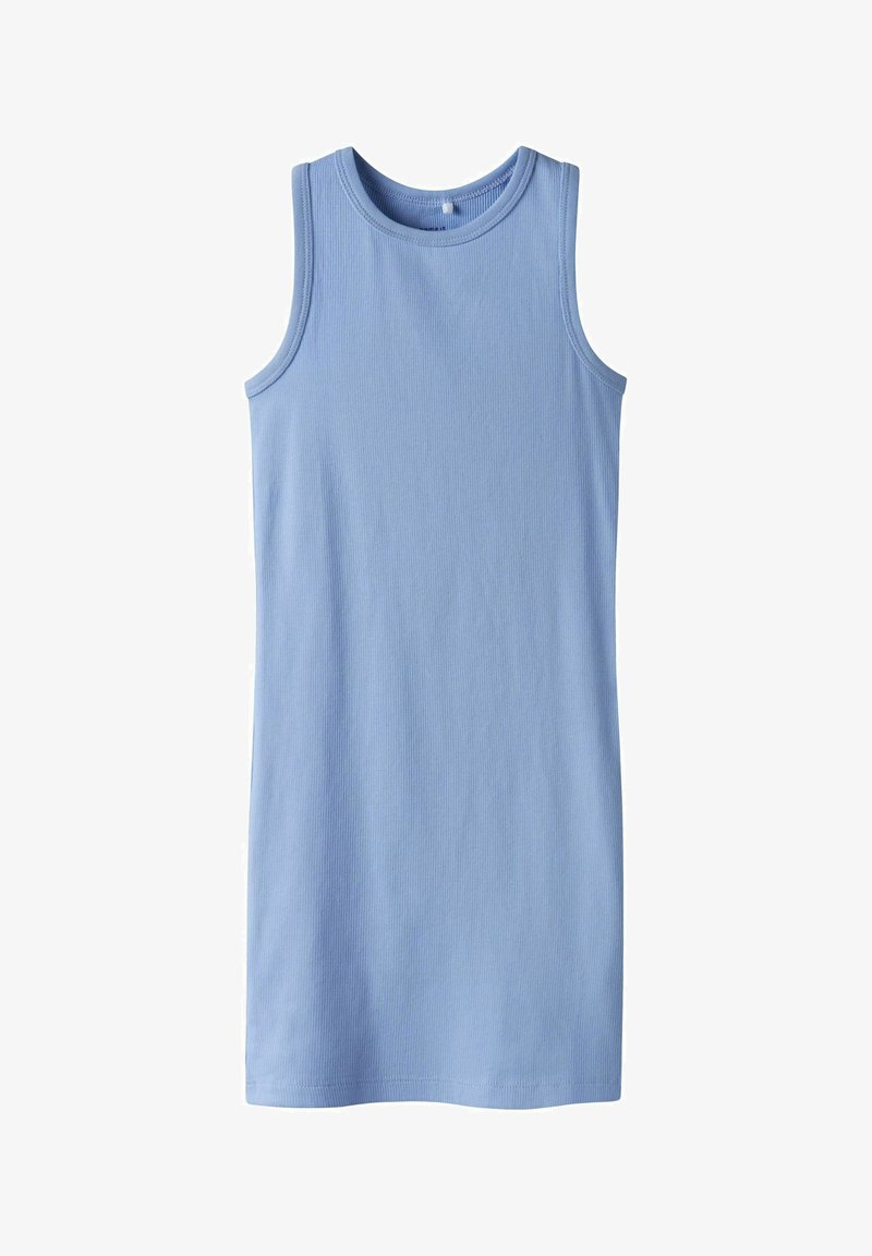 Robe sans manches bleu clair côtelée, avec un col rond et une coupe simple et droite, adaptée pour un usage décontracté.