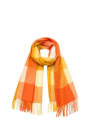 Weicher gewebter Schal mit großem Karo-Muster in Orange, Gelb und Creme, mit Fransen an den Enden, auf weißem Hintergrund als Schlaufe präsentiert.