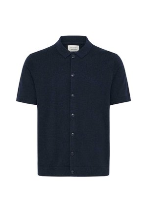 Marineblaues Strick-Poloshirt mit kurzen Ärmeln, Kragen, Knopfleiste vorne sowie geripptem Saum und Bündchen. Hergestellt aus weichem, strukturiertem Stoff.