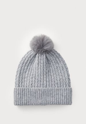 Gray knitted beanie with a ribbed texture and a fluffy pom-pom on top. Features a folded cuff for adjustable fit.