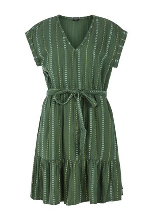 Grøn kjole med V-udskæring, korte ærmer og bælte. Lodrette striber i lys grøn og gul med flæse forneden og struktureret stof.