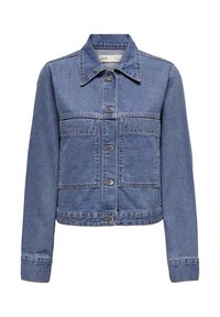 Ljust blå denimjacka med krage, två framfickor och knappstängning. Har en något kortad design och klassisk sömnad.