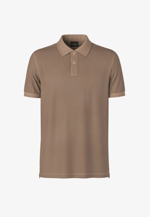 Braunes Poloshirt aus weichem Stoff, mit einer Knopfleiste mit drei Knöpfen, umgeschlagenem Kragen und kontrastierenden Bündchen. Einfaches Design ohne Muster.