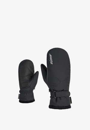 Black mittens with a smooth exterior, enhanced grip fingers, elastic cuffs, and soft lining. Features embroidered branding and a snug fit.