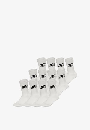 Chaussettes en coton blanc, avec poignets côtelés et détails de logo noir. Le pack comprend plusieurs paires disposées en couches.