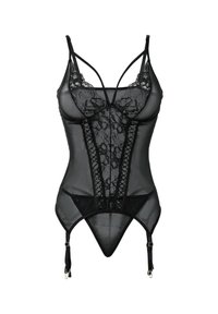 Body nero trasparente con dettagli in pizzo, motivo floreale e bretelle incrociate. Presenta bretelle per reggicalze regolabili e una silhouette aderente.