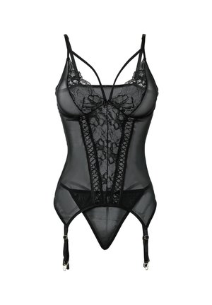 Bodysuit noir transparent avec des détails en dentelle, motif floral et bretelles croisées. Comprend des bretelles de porte-jarretelles ajustables et une coupe ajustée.