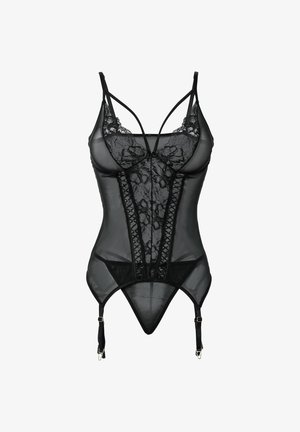 Body nero trasparente con dettagli in pizzo, motivo floreale e bretelle incrociate. Presenta bretelle per reggicalze regolabili e una silhouette aderente.
