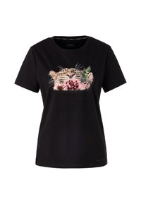 Schwarzes Baumwoll-T-Shirt mit einem detaillierten Grafikdruck eines Tigergesichts, umgeben von rosa Blumen, mit rundem Ausschnitt und kurzen Ärmeln.