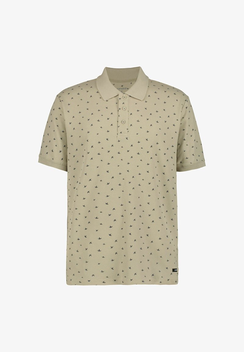 Beiges Poloshirt mit kurzen Ärmeln, mit einem gemusterten Design aus kleinen dunkelblauen Vögeln. Drei-Knopf-Leiste, weicher Stoff, Standard-Schnitt.