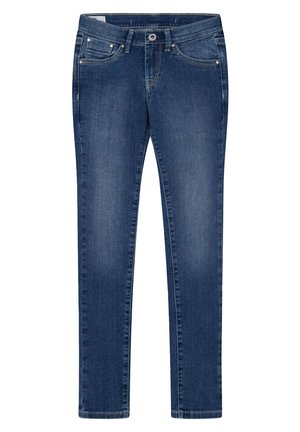 Mørkeblå slim fit jeans med for- og baglommer, knaplukning, bæltestropper og diskrete falmede detaljer på benene.