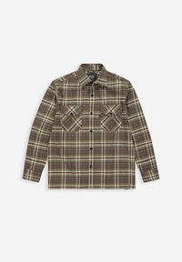 Groene geruite shirt gemaakt van stof, met een knoopsluiting aan de voorkant, twee borstzakken en een kraag. Het patroon bestaat uit donkere en lichte strepen.