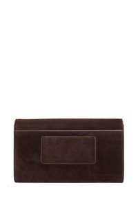Brown suede clutch with a rectangular shape, featuring a smooth texture and a front panel for embellishment or labeling.