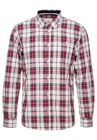 Camicia a maniche lunghe con button-up, motivo a quadri rosso, bianco e blu navy, e una singola tasca sul petto, su uno sfondo bianco.