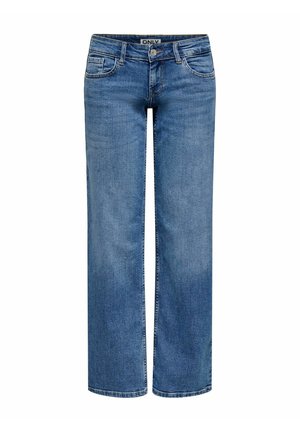 Jean en denim bleu à coupe droite avec fermeture avant par bouton et zip, passants de ceinture et design à cinq poches.