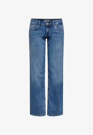 Jean en denim bleu à coupe droite avec fermeture avant par bouton et zip, passants de ceinture et design à cinq poches.