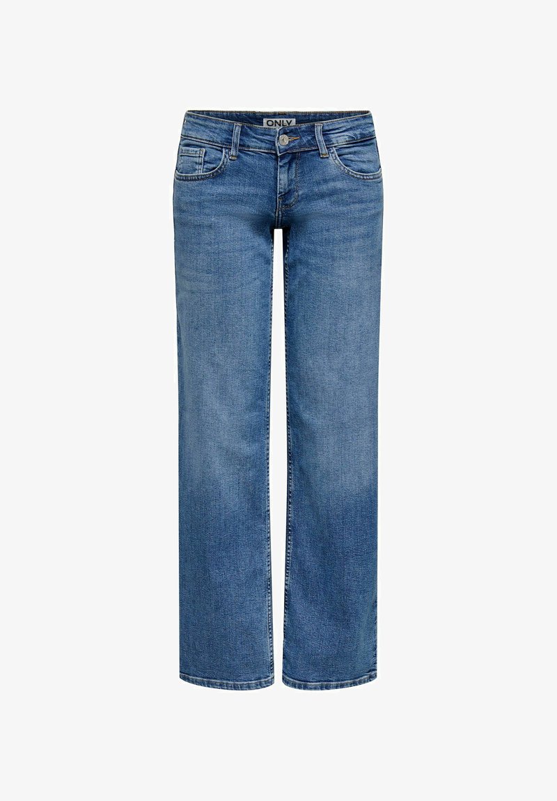 Kék egyenes szabású farmernadrág elöl gombos és cipzáras záródással, övbucikkal és ötlovas zseb kialakítással.